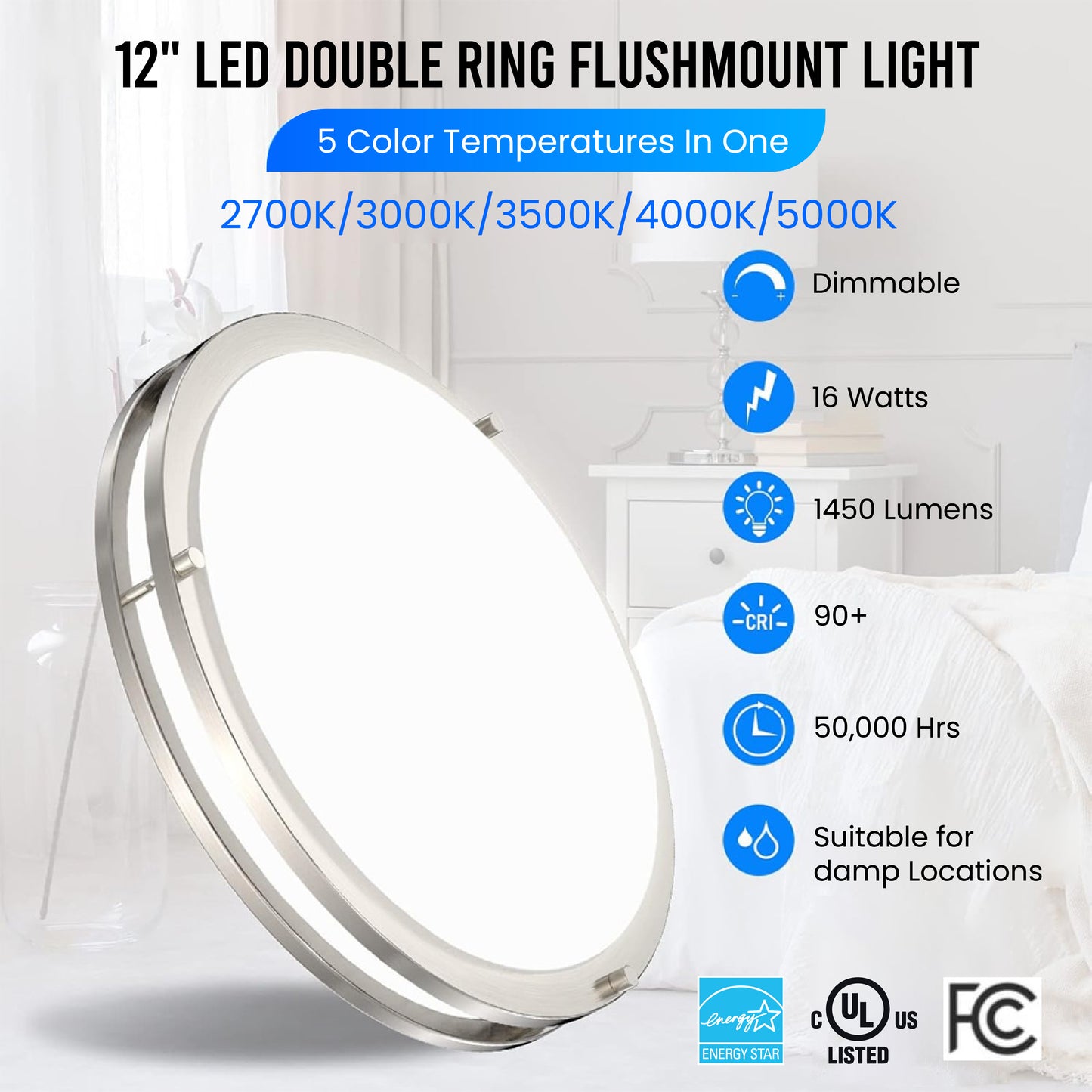 12" LED Double Ring Flushmount Light - 16w with 5-in-1 CCT 2700K/3000K/3500K/4000K/5000K