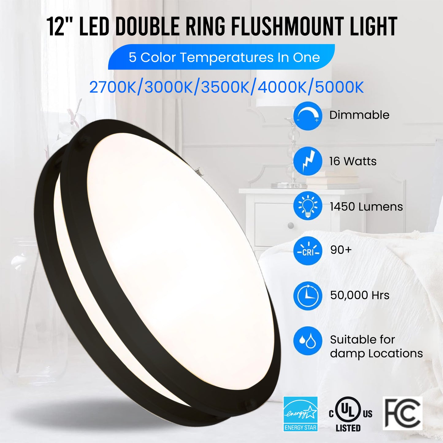 12" LED Double Ring Black Matt Flushmount Light - 16w with 5-in-1 CCT 2700K/3000K/3500K/4000K/5000K