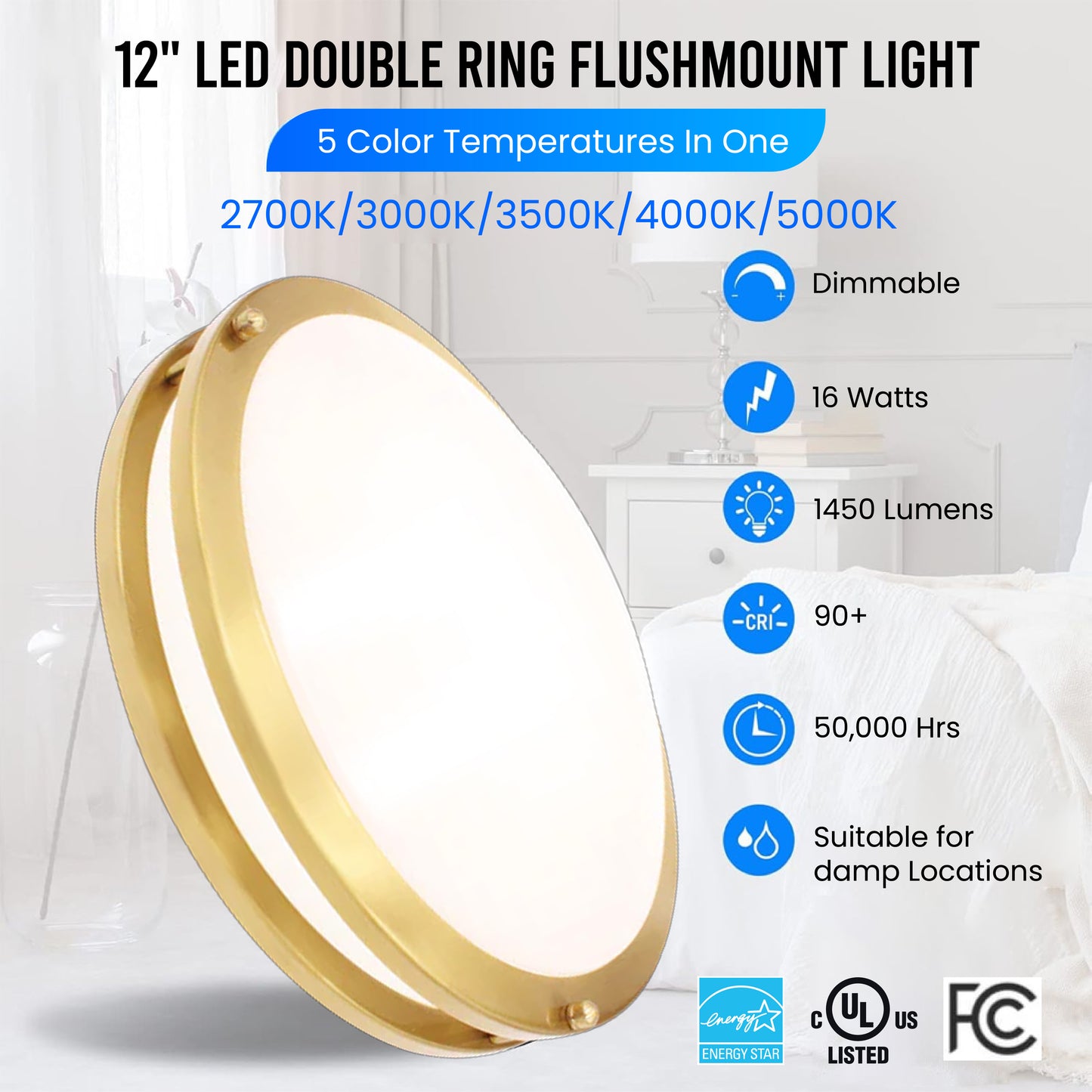 12" LED Double Ring Golden Flushmount Light - 16w with 5-in-1 CCT 2700K/3000K/3500K/4000K/5000K