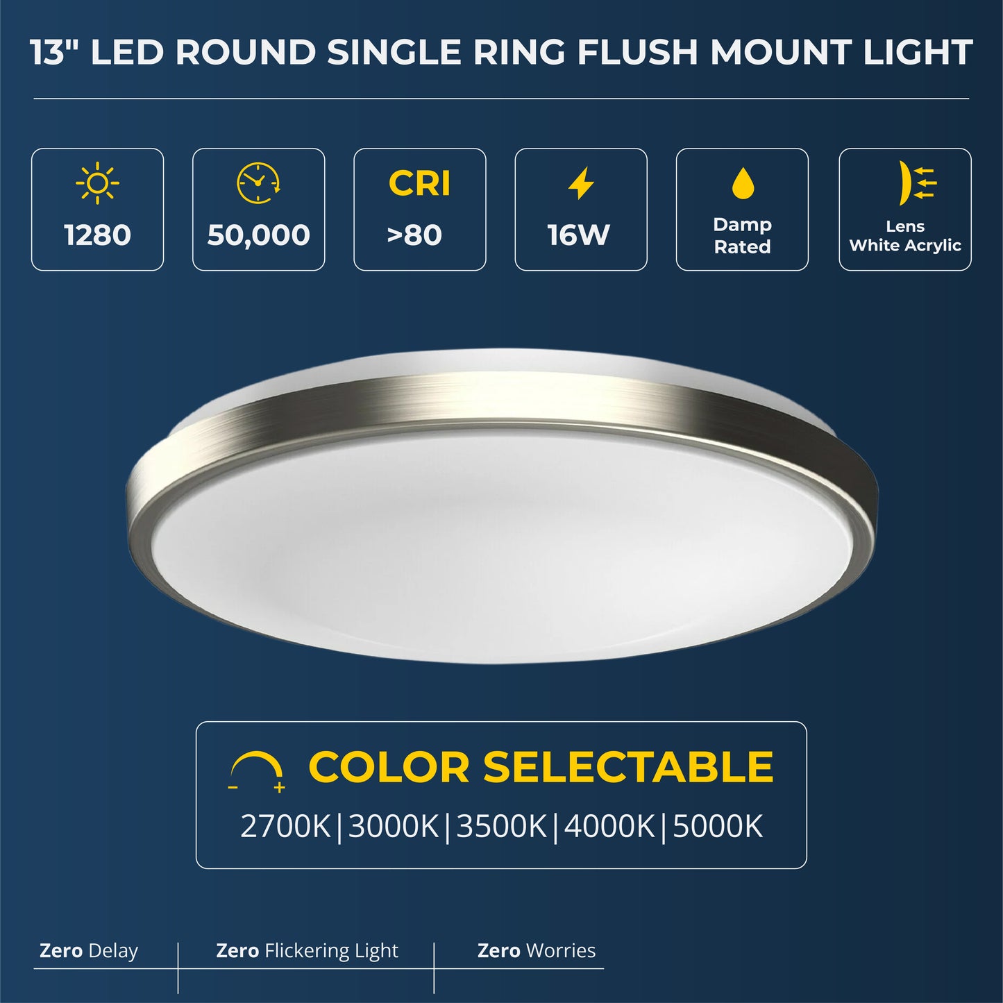 13" Round Brushed Nickel Dimmable Flush Mount Ceiling Light, Single Ring - 1280 Lumens - 16W - 5 Color Switchable (2700K/3000K/3500K/4000K/5000K)