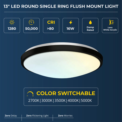 13" Round Brushed Nickel Black Matt Dimmable Flush Mount Ceiling Light, Single Ring - 1280 Lumens - 16W - 5 Color Switchable (2700K/3000K/3500K/4000K/5000K)