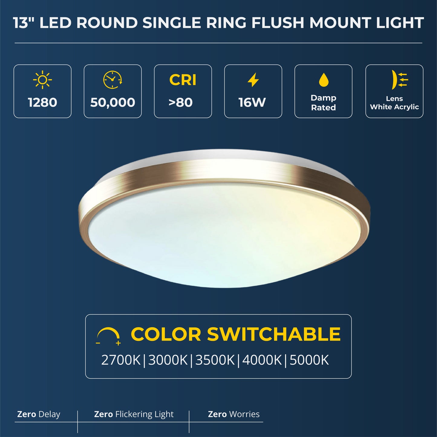 13" Round Brushed Nickel Golden Dimmable Flush Mount Ceiling Light, Single Ring - 1280 Lumens - 16W - 5 Color Switchable (2700K/3000K/3500K/4000K/5000K)