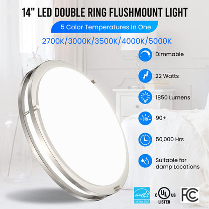 14" LED Double Ring Flushmount Light - 22W with 5-in-1 CCT 2700K/3000K/3500K/4000K/5000K