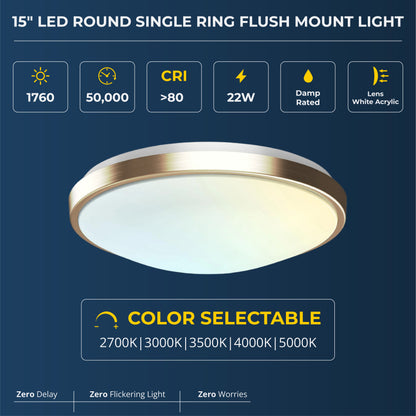 15" Round Brushed Nickel Golden Dimmable Flush Mount Ceiling Light | 1760 Lumens | 22W | 5 Color Switchable (2700K/3000K/3500K/4000K/5000K)