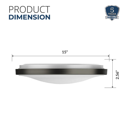 15" Round Brushed Nickel Black Matt Dimmable Flush Mount Ceiling Light | 1760 Lumens | 22W | 5 Color Switchable (2700K/3000K/3500K/4000K/5000K)