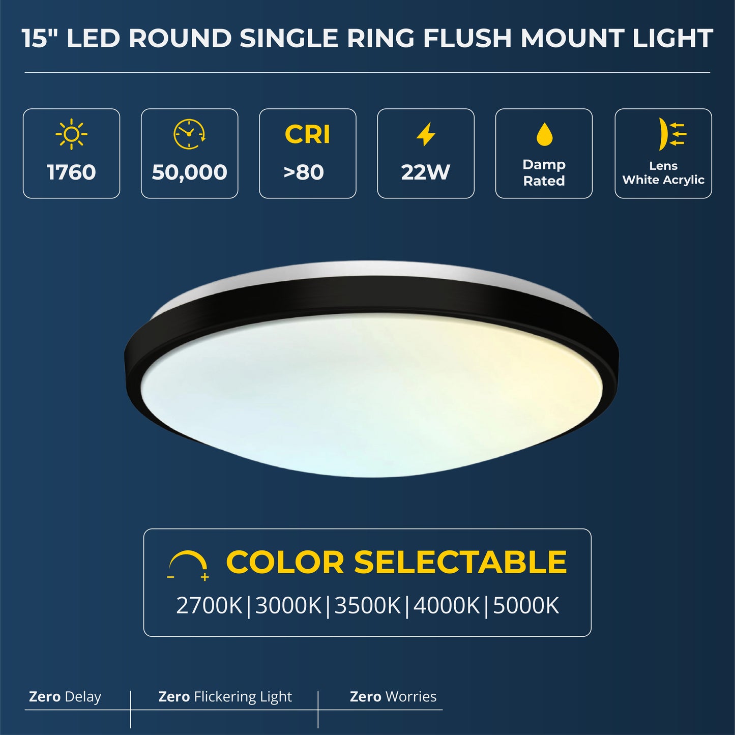 15" Round Brushed Nickel Black Matt Dimmable Flush Mount Ceiling Light | 1760 Lumens | 22W | 5 Color Switchable (2700K/3000K/3500K/4000K/5000K)