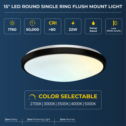 15" Round Brushed Nickel Black Matt Dimmable Flush Mount Ceiling Light | 1760 Lumens | 22W | 5 Color Switchable (2700K/3000K/3500K/4000K/5000K)