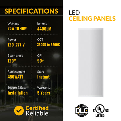 1x4 LED Panel 5200 Lumens, Adjustable Wattage 20W-40W, Selectable CCT 3500K-5000K