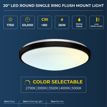 20-Inch Brushed Nickel Black Matt Dimmable Flush Mount Single Ring Ceiling Light – 2080 Lumens, 26W, 5 Adjustable Color Temperatures (2700K-5000K)