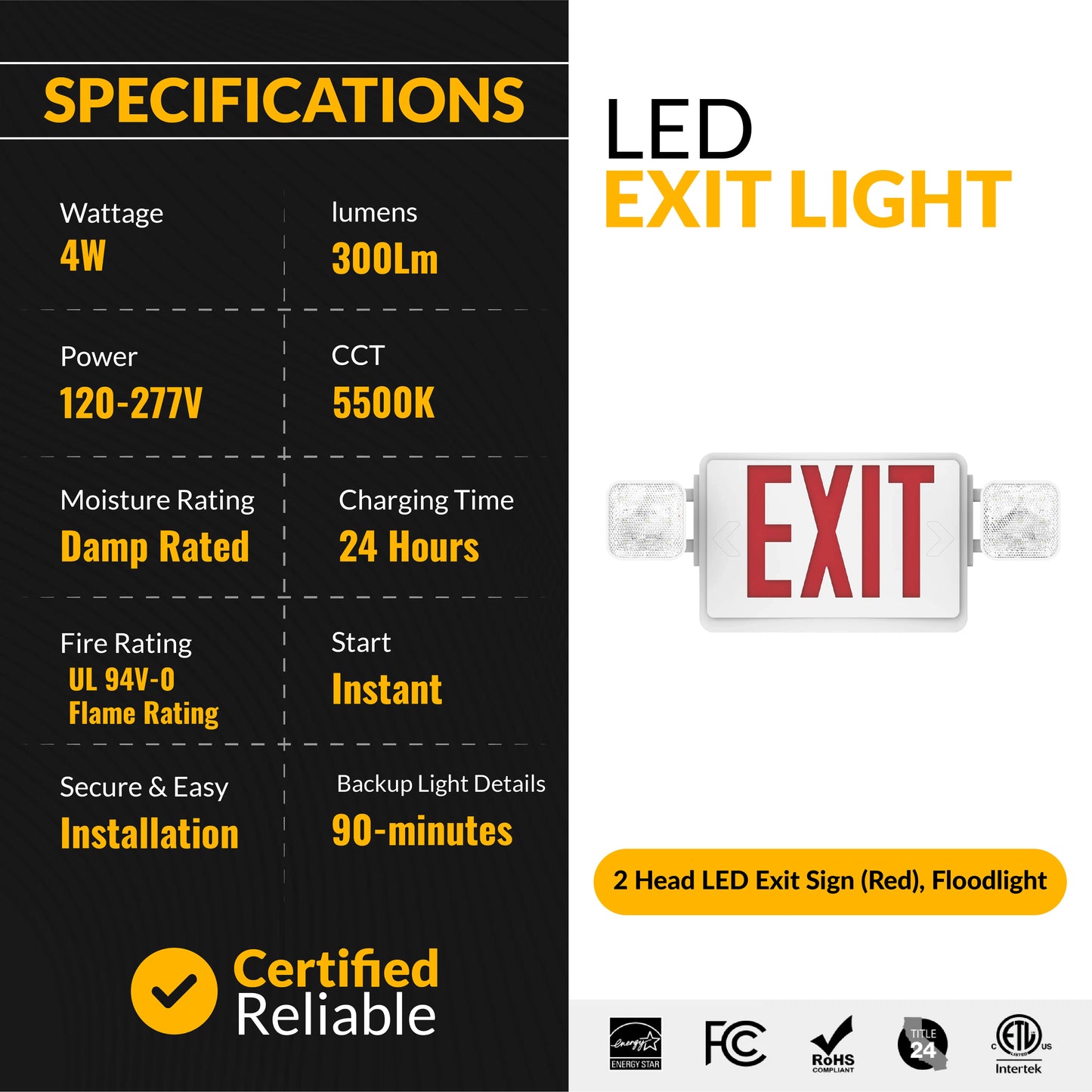 2 Head LED Exit Sign (Red), Floodlight