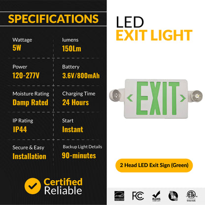 2 Head LED Exit Sign (Green)