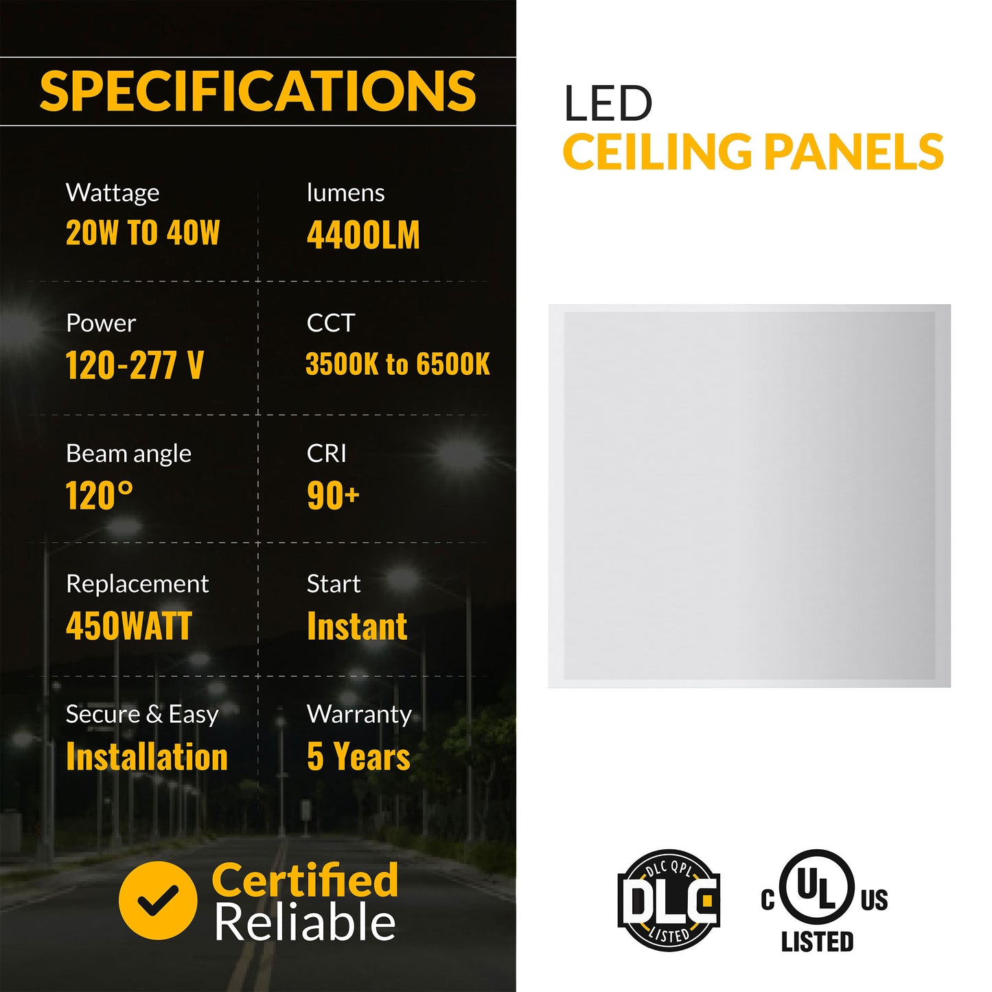 2x2 LED Panel 5200 Lumens, Adjustable 20W-40W, Selectable CCT 3500K-6500K