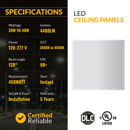 2x2 LED Panel 5200 Lumens, Adjustable 20W-40W, Selectable CCT 3500K-6500K