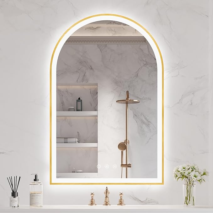 20"x30" Arched Shaped Gold LED Bathroom Mirror with Front & Backlight, Anti-Fog, Dimmable, UL Listed