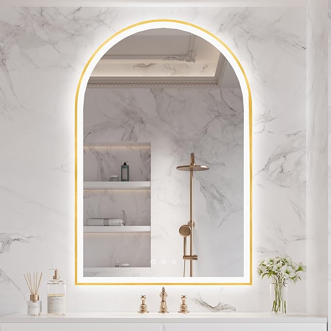 24"x36" Arched Shaped Gold LED Bathroom Mirror with Front & Backlight, Anti-Fog, Dimmable, UL Listed