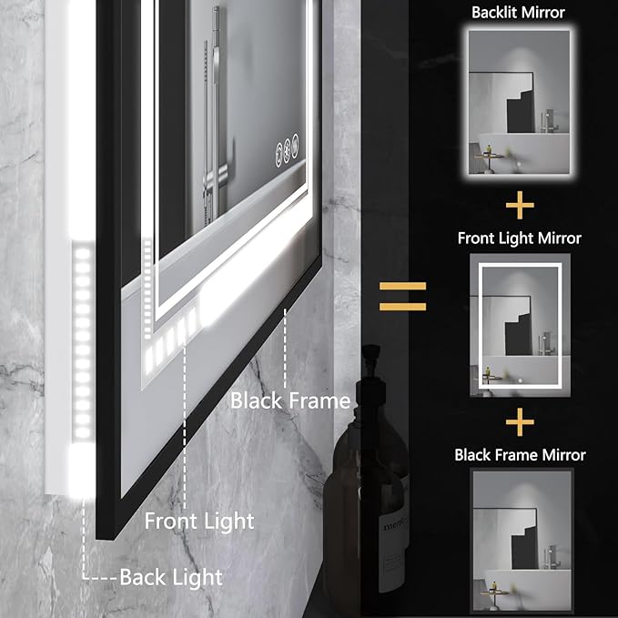 24"x32" Rectangular Shaped Black LED Bathroom Mirror with Front & Backlit, Dual LED Strips, Anti-Fog, Dimmable, 3 Colors Options, UL Listed (Horizontal/Vertical)