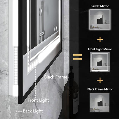 36"x48" Rectangular Shaped Black LED Bathroom Mirror with Square, Front & Backlit, Dual LED Strips, Anti-Fog, Dimmable, 3 Color Options, UL Listed