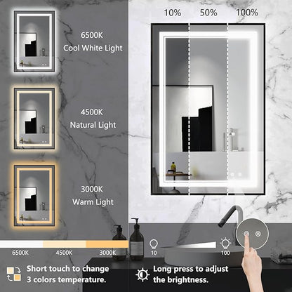 20"x28" Rectangular Shaped Black LED Bathroom Mirror with Front & Backlit, Dual LED Strips, Anti-Fog, Dimmable, 3 Colors Options, UL Listed (Horizontal/Vertical)