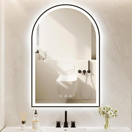 20"x30" Arched Shaped Black LED Bathroom Mirror with Black with Front & Backlight, Anti-Fog, Dimmable, UL Listed