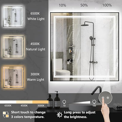 36"x48" Rectangular Shaped Black LED Bathroom Mirror with Square, Front & Backlit, Dual LED Strips, Anti-Fog, Dimmable, 3 Color Options, UL Listed