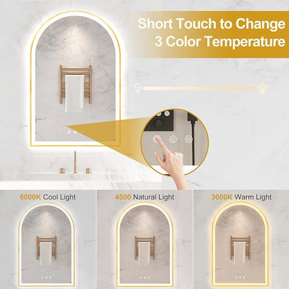 20"x30" Arched Shaped Gold LED Bathroom Mirror with Front & Backlight, Anti-Fog, Dimmable, UL Listed