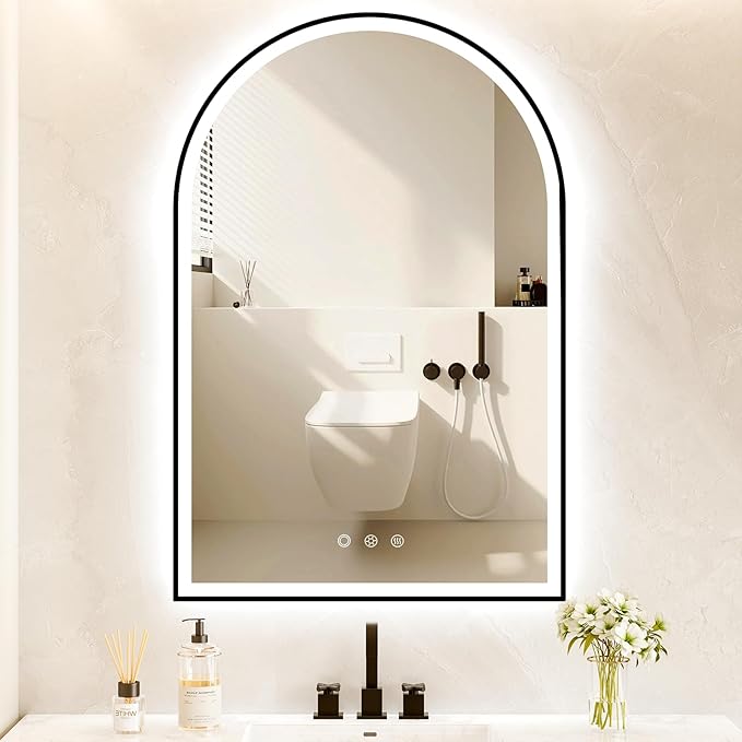 24"x36" Arched Shaped Black LED Bathroom Mirror with Front & Backlight, Anti-Fog, Dimmable, UL Listed