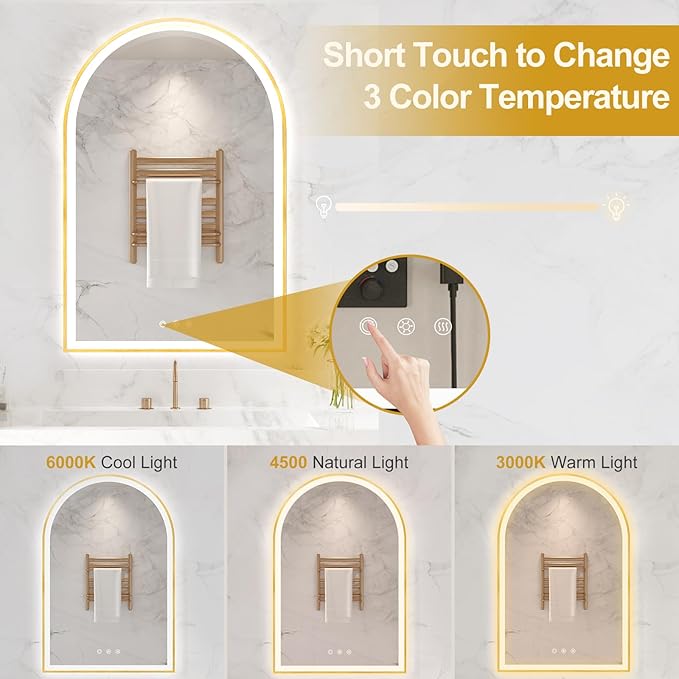 24"x36" Arched Shaped Gold LED Bathroom Mirror with Front & Backlight, Anti-Fog, Dimmable, UL Listed