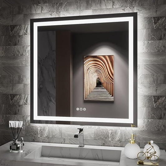 32"x32" Square Shaped Luxora Black LED Bathroom Mirror with Front & Backlit, Dual LED Strips, Anti-Fog, Dimmable, 3 Colors Options, UL Listed (Horizontal/Vertical)