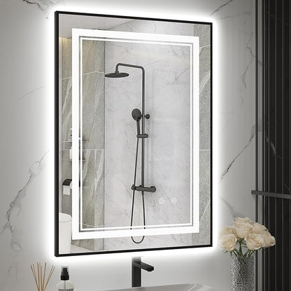 20"x28" Rectangular Shaped Black LED Bathroom Mirror with Front & Backlit, Dual LED Strips, Anti-Fog, Dimmable, 3 Colors Options, UL Listed (Horizontal/Vertical)