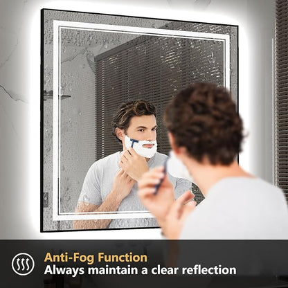 36"x48" Rectangular Shaped Black LED Bathroom Mirror with Square, Front & Backlit, Dual LED Strips, Anti-Fog, Dimmable, 3 Color Options, UL Listed