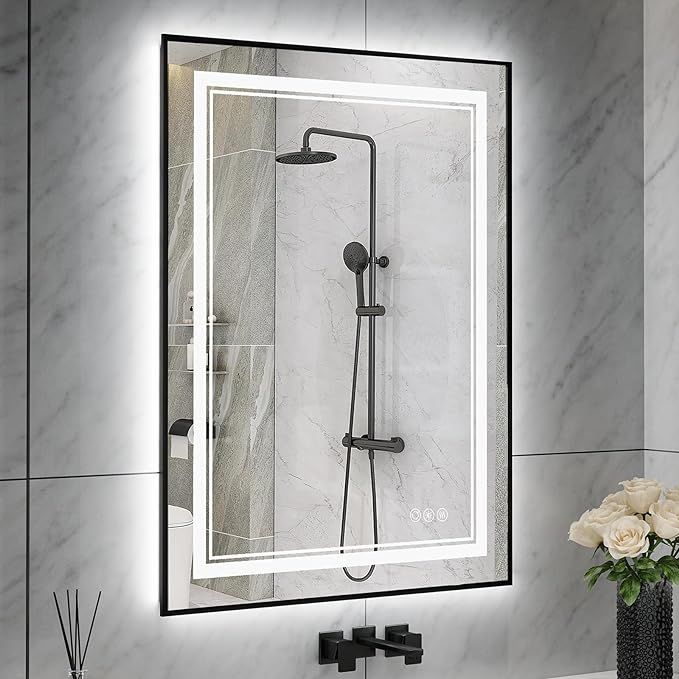 24"x32" Rectangular Shaped Black LED Bathroom Mirror with Front & Backlit, Dual LED Strips, Anti-Fog, Dimmable, 3 Colors Options, UL Listed (Horizontal/Vertical)