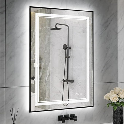 24"x32" Rectangular Shaped Black LED Bathroom Mirror with Front & Backlit, Dual LED Strips, Anti-Fog, Dimmable, 3 Colors Options, UL Listed (Horizontal/Vertical)