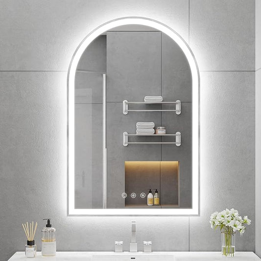 20"x30" Arched Shaped Silver LED Bathroom Mirror with Brushed Silver, Front & Backlight, Anti-Fog, Dimmable, UL Listed