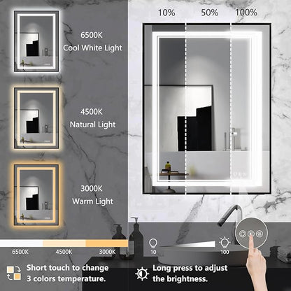 24"x32" Rectangular Shaped Black LED Bathroom Mirror with Front & Backlit, Dual LED Strips, Anti-Fog, Dimmable, 3 Colors Options, UL Listed (Horizontal/Vertical)