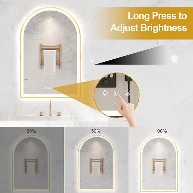 20"x30" Arched Shaped Gold LED Bathroom Mirror with Front & Backlight, Anti-Fog, Dimmable, UL Listed