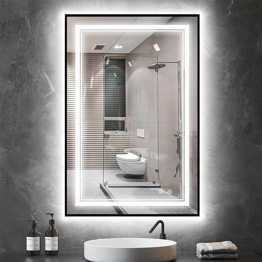 24"x36" Rectangular Shaped Black LED Bathroom Mirror with Front & Backlit, Dual LED Strips, Anti-Fog, Dimmable, 3 Color Options, UL Listed (Horizontal/Vertical)