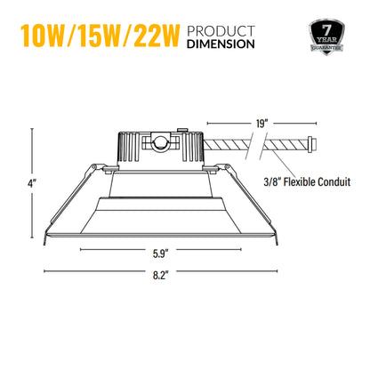 Commercial Recessed LED Lighting, 6 Inch, 22W-15W-10W, Selectable Wattage & CCT, 1800 Lumens