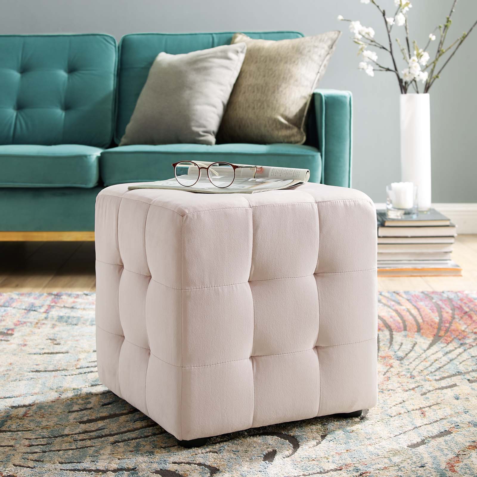 Contour Tufted Cube Performance Velvet Ottoman