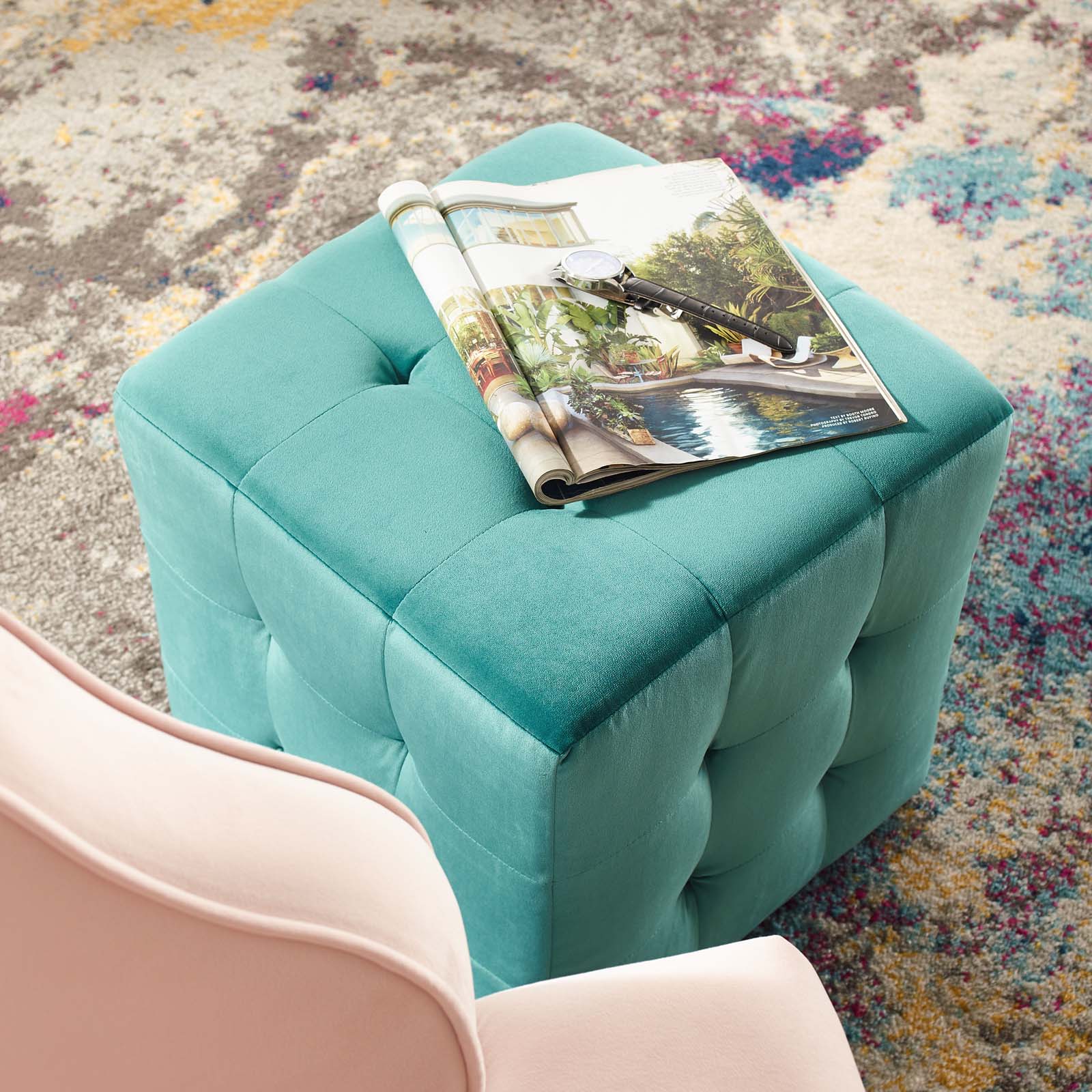 Contour Tufted Cube Performance Velvet Ottoman