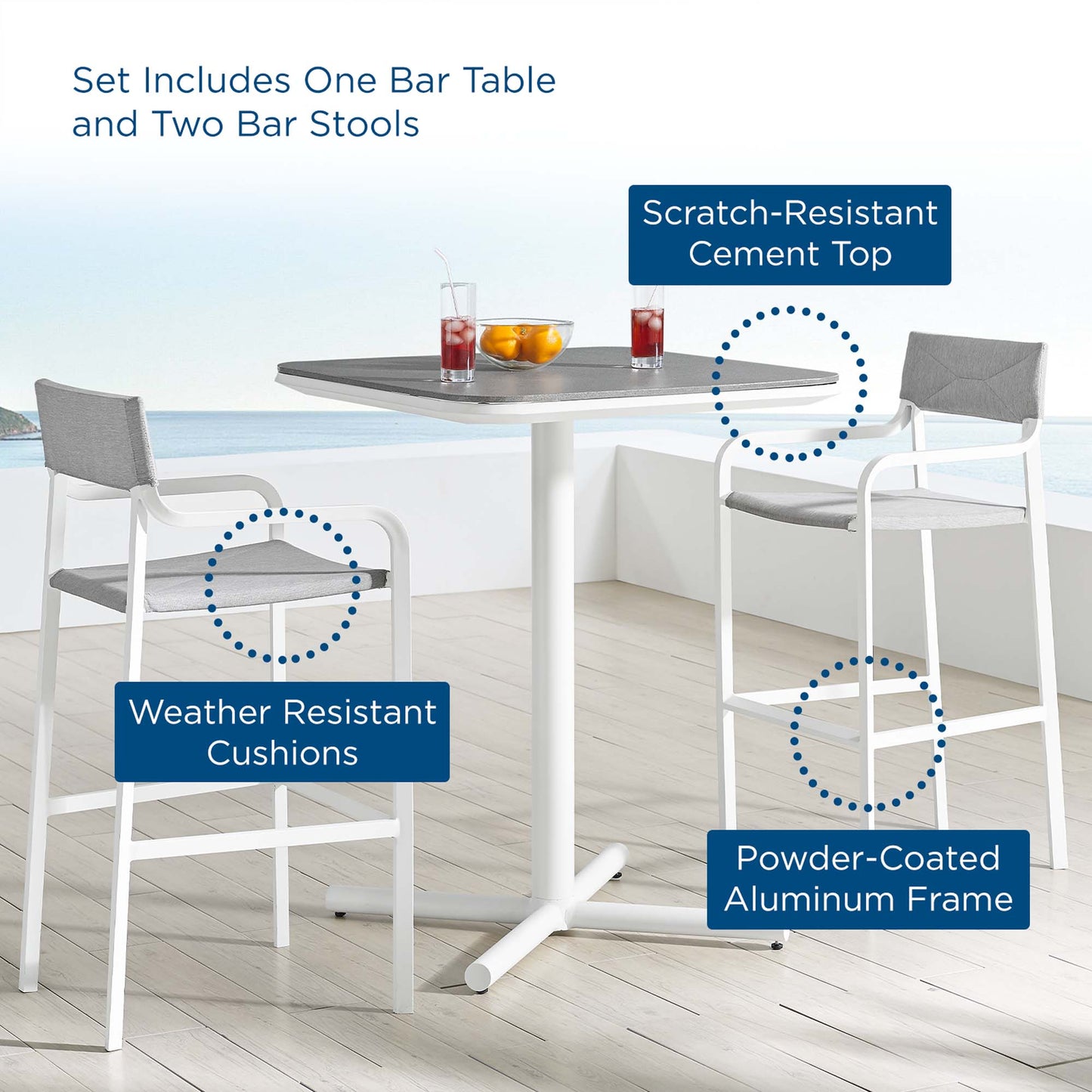 Raleigh 3 Piece Outdoor Patio Aluminum Bar Set