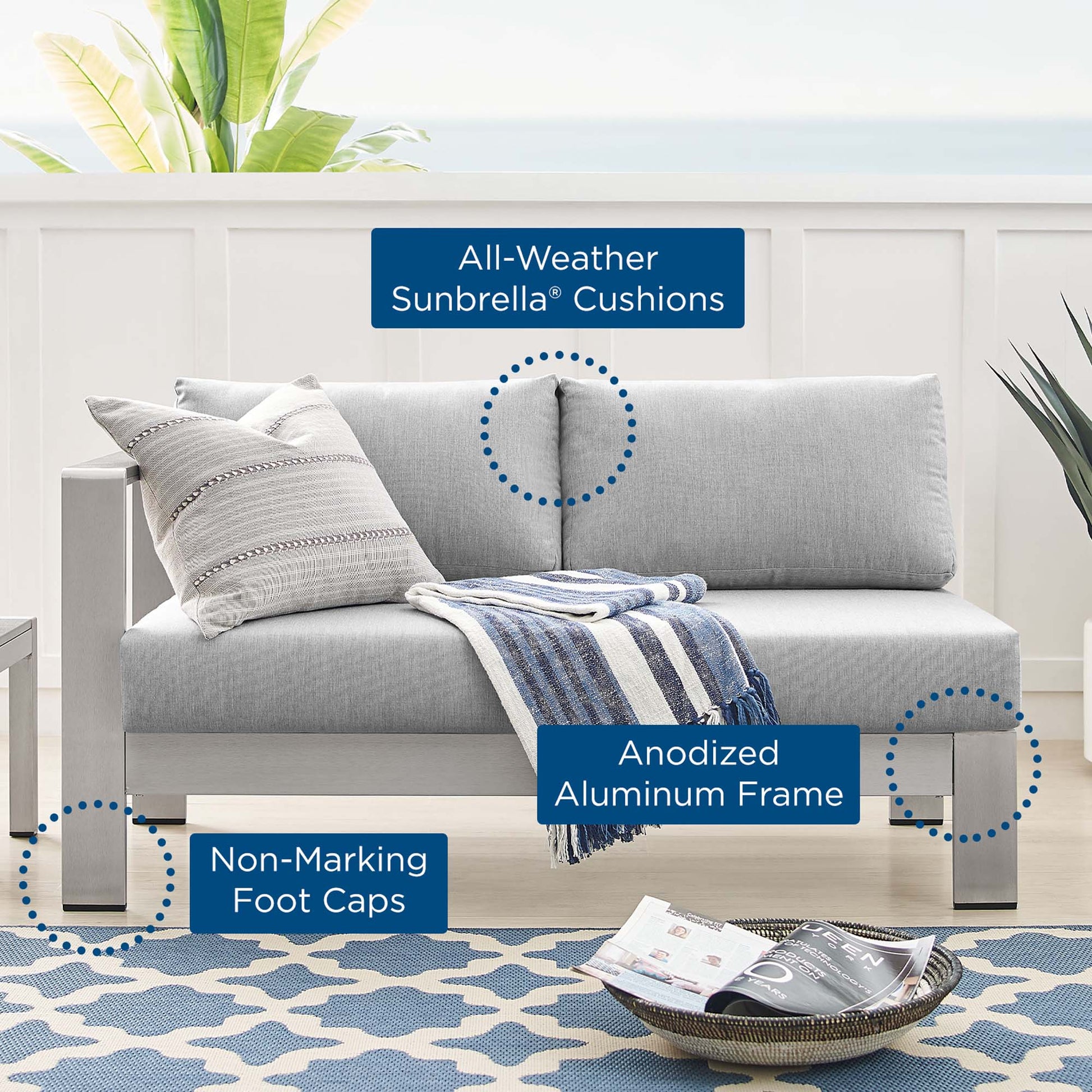 Shore Sunbrella® Fabric Aluminum Outdoor Patio Left-Arm Loveseat