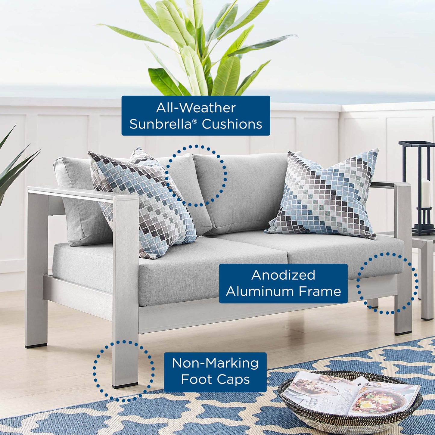 Shore Sunbrella® Fabric Aluminum Outdoor Patio Loveseat