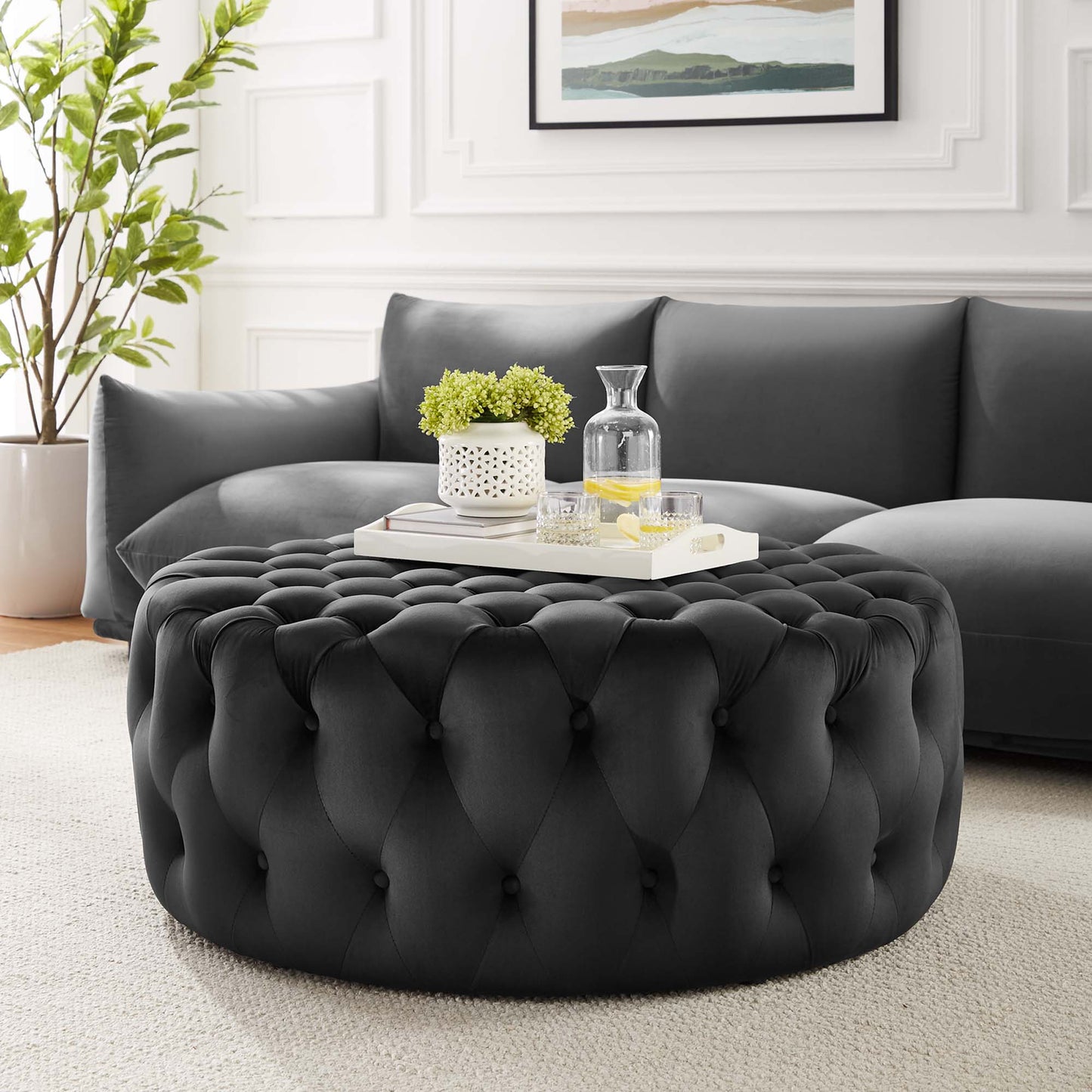 Amour Tufted Button Large Round Performance Velvet Ottoman