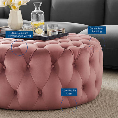 Amour Tufted Button Large Round Performance Velvet Ottoman