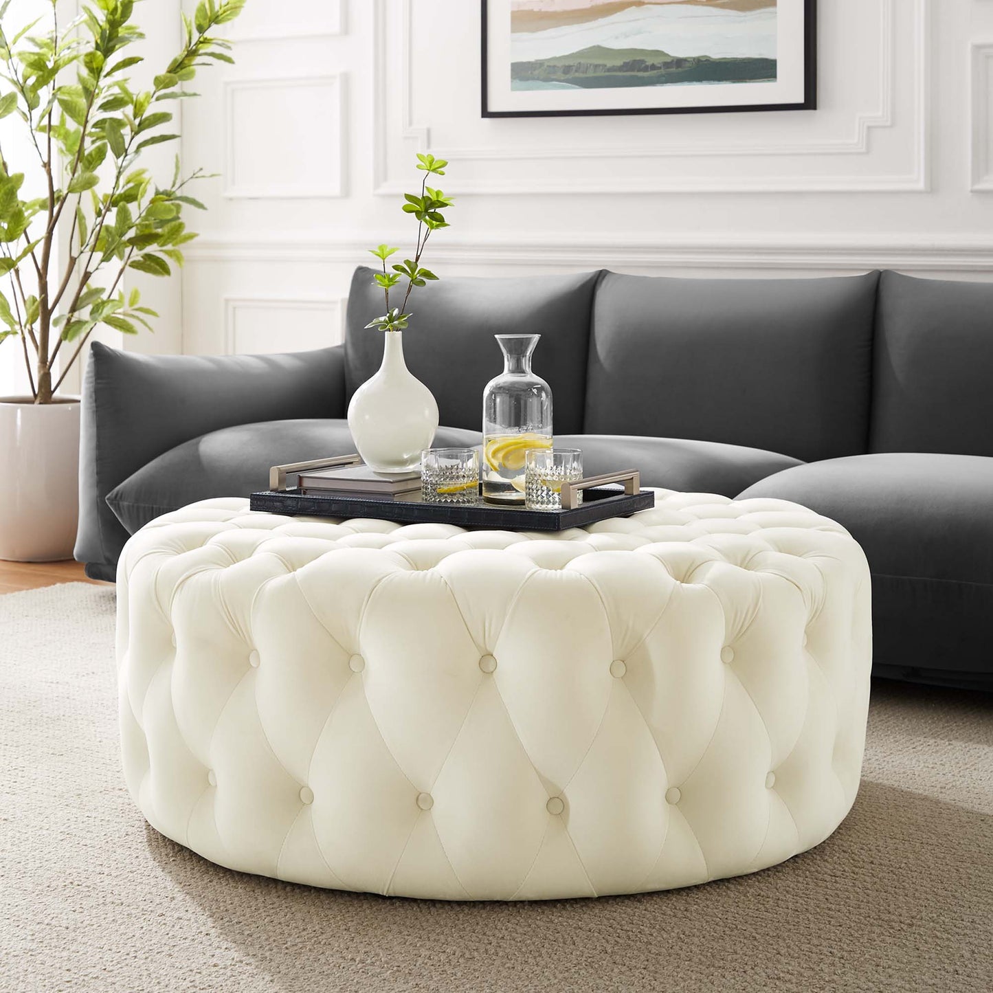 Amour Tufted Button Large Round Performance Velvet Ottoman