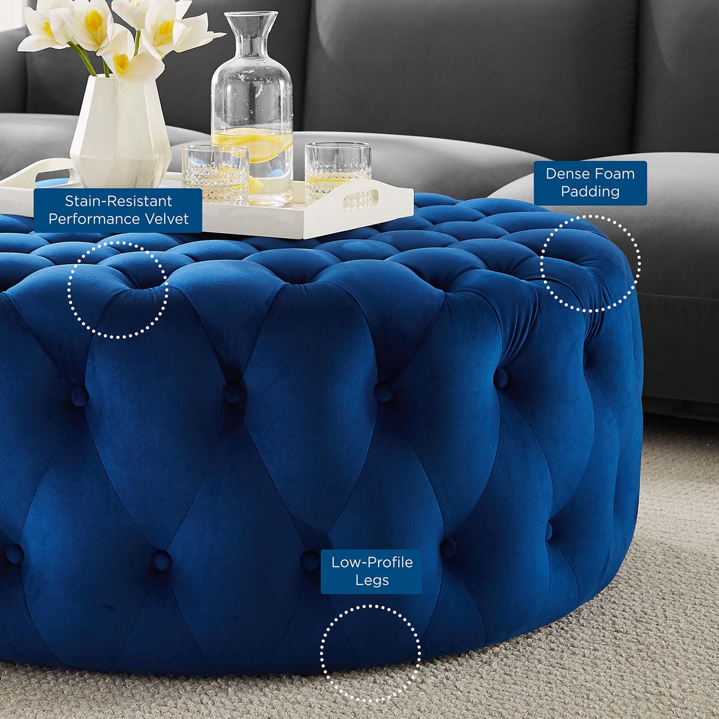 Amour Tufted Button Large Round Performance Velvet Ottoman