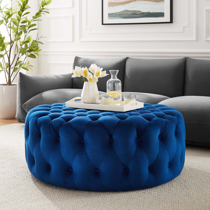 Amour Tufted Button Large Round Performance Velvet Ottoman