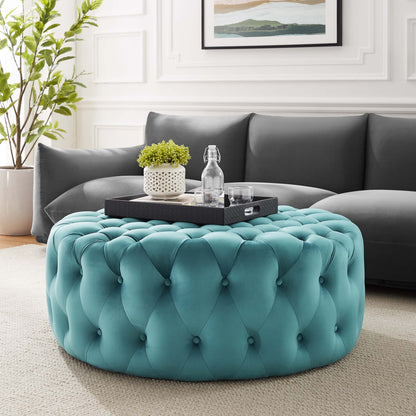 Amour Tufted Button Large Round Performance Velvet Ottoman