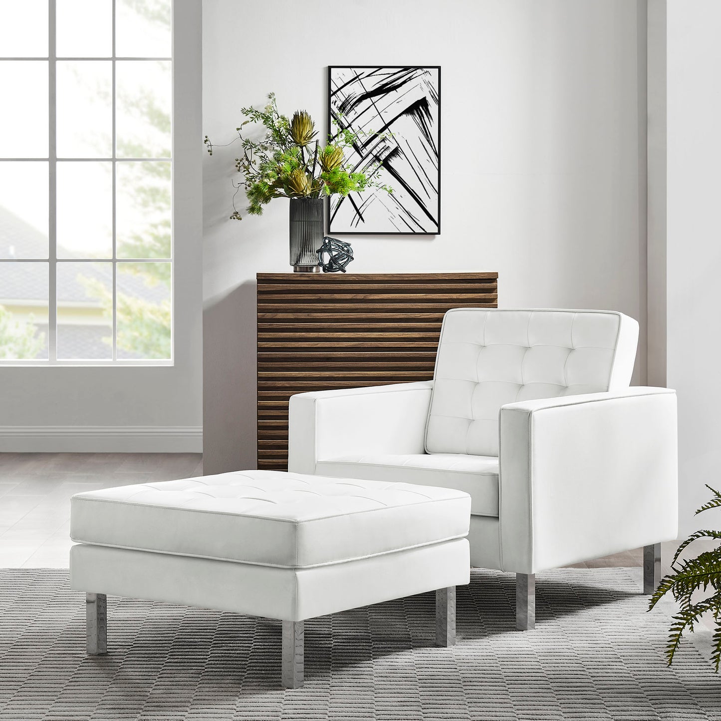 Loft Tufted Vegan Leather Armchair and Ottoman Set