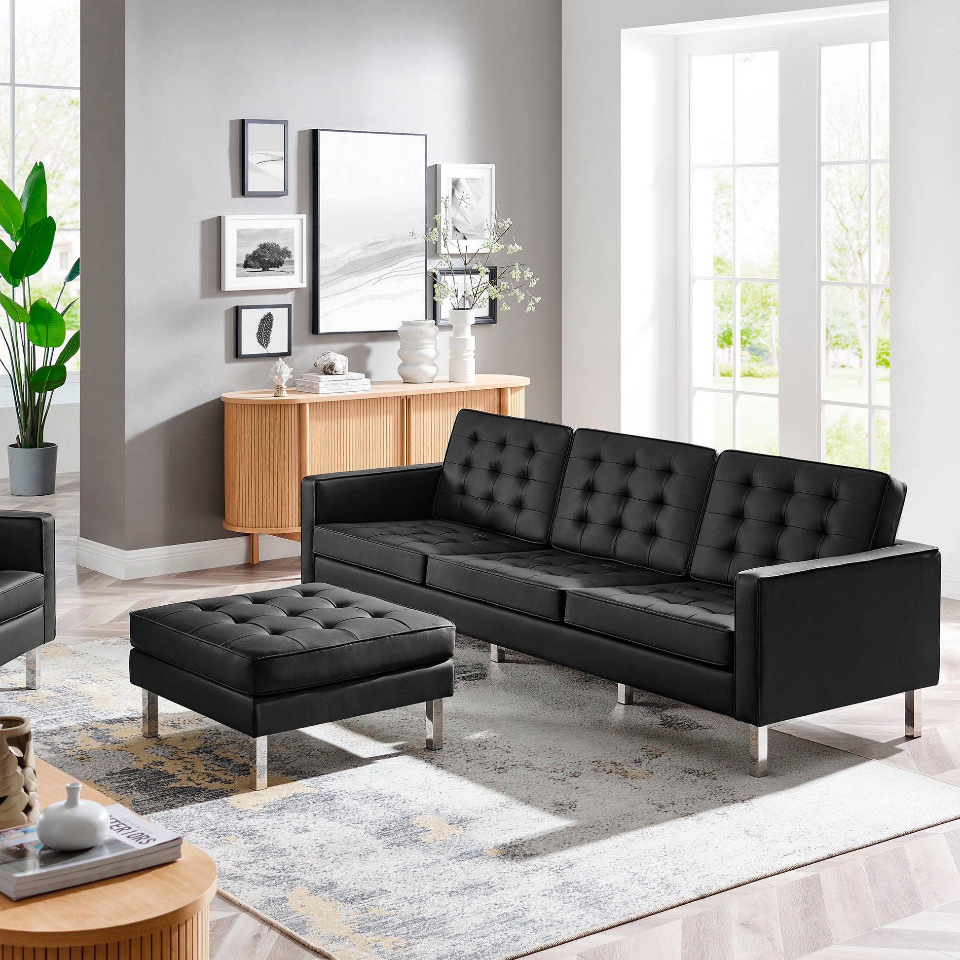 Loft Tufted Vegan Leather Sofa and Ottoman Set